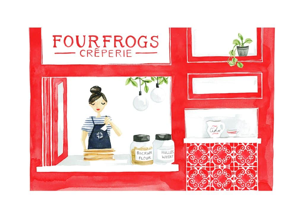 Four Frogs Creperie - Lane Cove window illustration